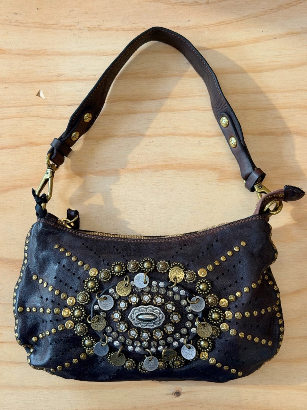 Campomaggi Leather Studded & Embellished Shoulder Bag in Moro